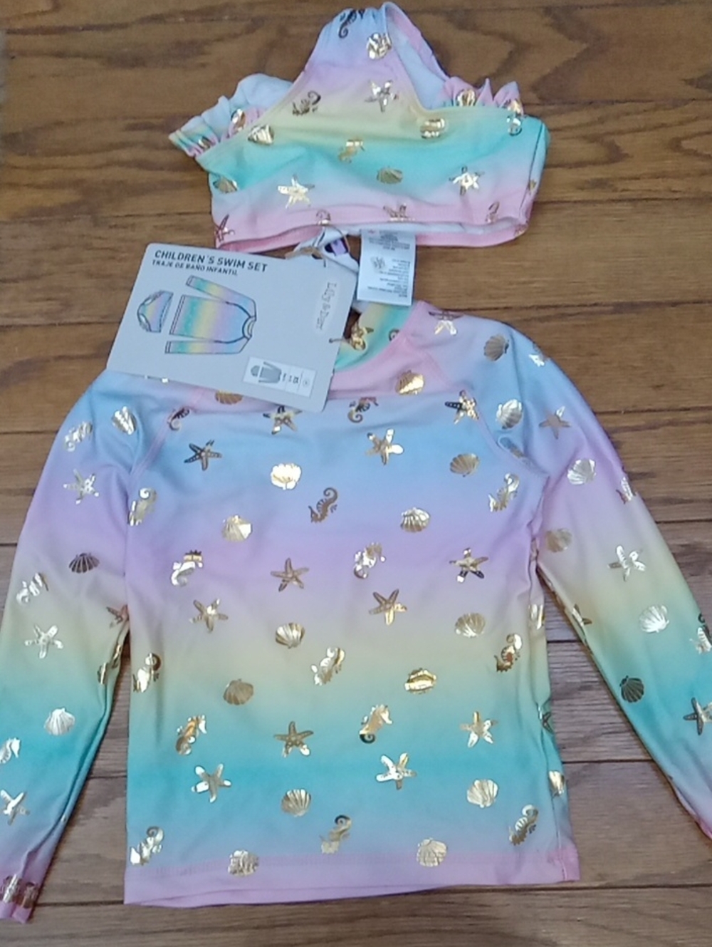 NWT Kids Gradient Long-Sleeve Swim Set with Gold Seashells - Pastel Rainbow